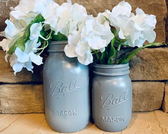 MASON JAR // Granite Grey // Painted and Distressed Mason Jar // Quart + Pint Size // Regular + Wide Mouth