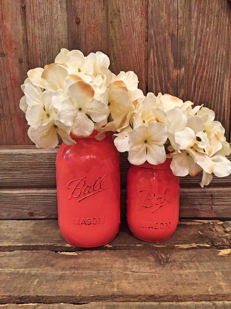 MASON JAR // Coral // Painted and Distressed Mason Jar // Quart Pint Size // Regular Wide Mouth image 1