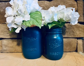 MASON JAR // Peacock Blue // Painted and Distressed Mason Jar // Quart + Pint Size // Regular + Wide Mouth