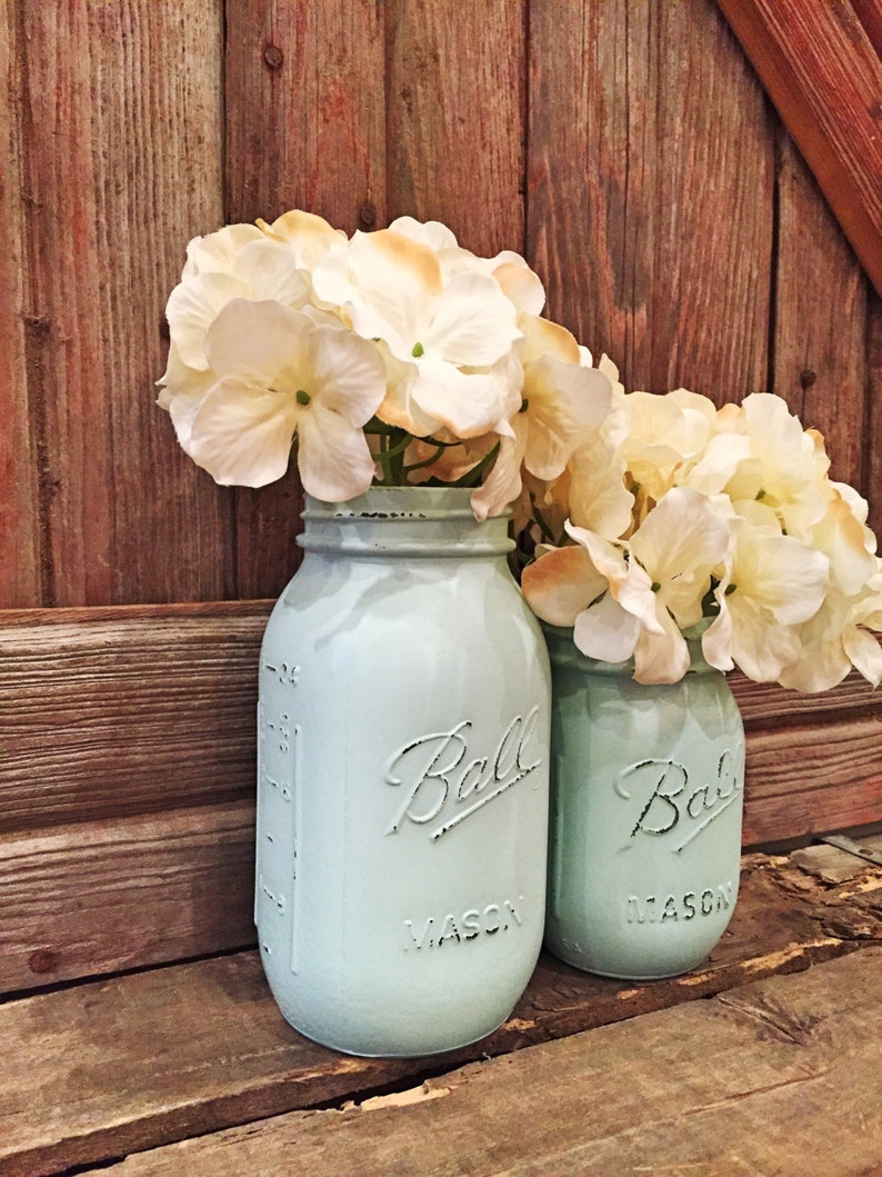 MASON JAR // Robins Egg Blue // Painted and Distressed Mason Jar // Quart Pint Size // Regular Wide Mouth image 2