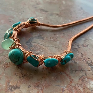 Turquoise Hair Fork Hair Pin Bun Holder of Hand Tooled Copper Hair Fork with Gemstones for all Hair Types