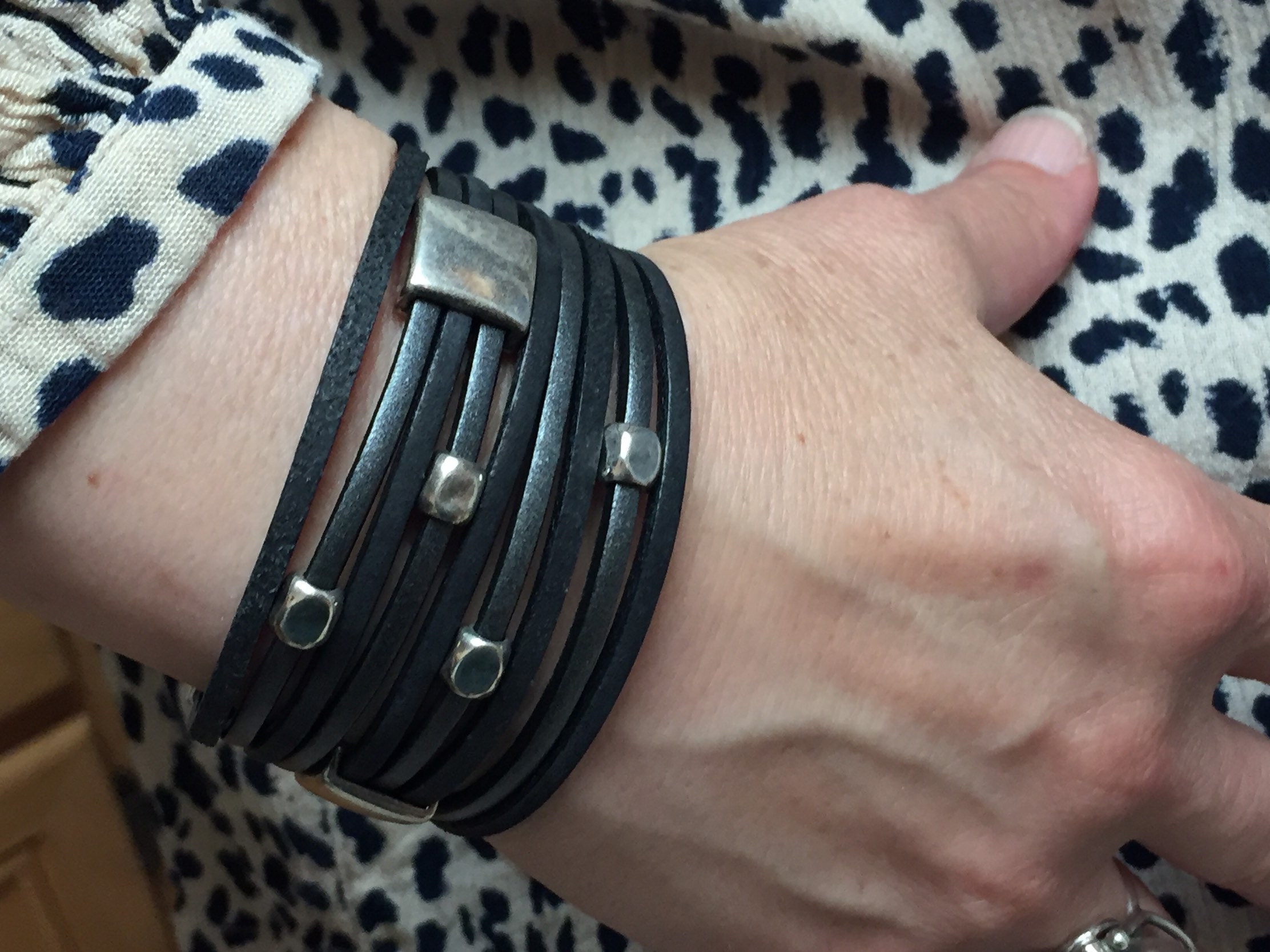 Leather Silver Cuff Bracelet in Black and Gunmetal With Silver