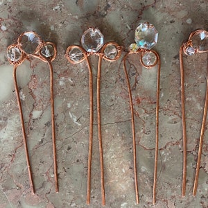 Hair Forks 4 Styles Crystal Hair Pin Bun Holder of Hand Tooled Copper with Crystal/Gemstone Accent