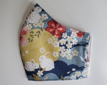 Japanese Navy Moon Bunny Print Face Mask, 100 Percent Cotton, Washable, Reusable, Nose Wire slot, Filter Pocket