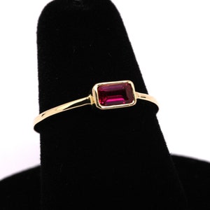 14k Gold Ruby Ring: Emerald Cut July Birthstone Stacking Ring