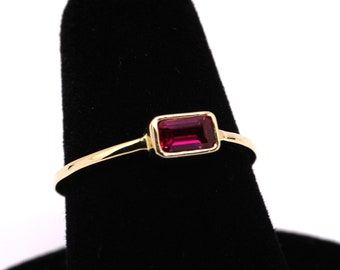 14k Gold Ruby Ring: Emerald Cut July Birthstone Stacking Ring