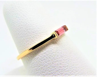 14k Gold Pink Tourmaline Ring, Solid 14k Pink Tourmaline Ring, 14k Gold Pink Tourmaline Baguette Stacking Ring, 14k October Birthstone Ring