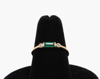 14k Gold Emerald Ring, Solid 14k Gold Emerald and Moissanite Ring, 14k Gold Emerald Engagement Ring, Emerald and Moissanite Stacking Ring