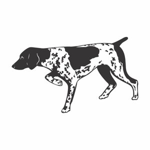 May include: Black and white illustration of a German Shorthaired Pointer dog running with its nose to the ground.