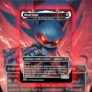 May include: A trading card featuring Metal Sonic, a blue robotic character with glowing red eyes, set against a fiery red background. The card includes text such as "Metal Sonic" and "Legendary Artifact Creature - Construct."