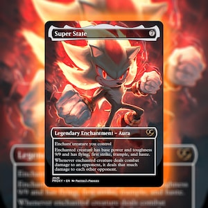 May include: A trading card featuring a character with red and white fur, red eyes, and black limbs, surrounded by a fiery aura. The card reads "Super State" and "Legendary Enchantment - Aura". The card has text describing its abilities.