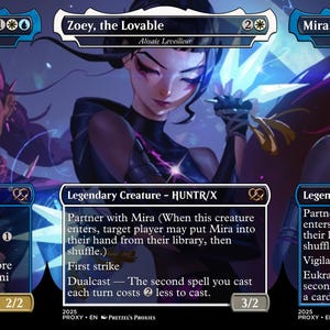 May include: Three Magic: The Gathering trading cards featuring stylized female characters. Each card has a unique illustration and text describing the character's abilities. The cards are titled "Rumi, the Half-Demon", "Zoey, the Lovable", and "Mira, the Problem Child".