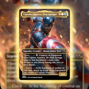 May include: A Captain America trading card featuring the First Avenger in action. The card has a gold border and includes text describing the character's abilities. The artwork depicts Captain America with his shield, in a dynamic pose.