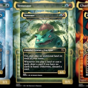 May include: Three collectible trading cards featuring Pokémon characters. Blastoise, a blue turtle-like creature, Venusaur, a green plant-like creature, and Charizard, an orange dragon-like creature. Each card has unique artwork and text.