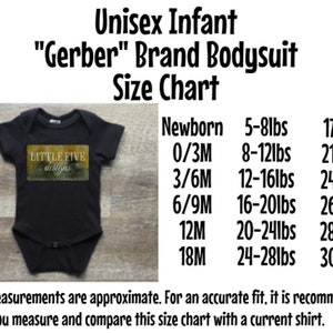 May include: Size chart for Gerber brand infant bodysuits. The chart shows sizes from newborn to 18 months, with corresponding weight and length measurements in inches and pounds. The chart also includes a black bodysuit with the text "Little Five Designs" on the front.