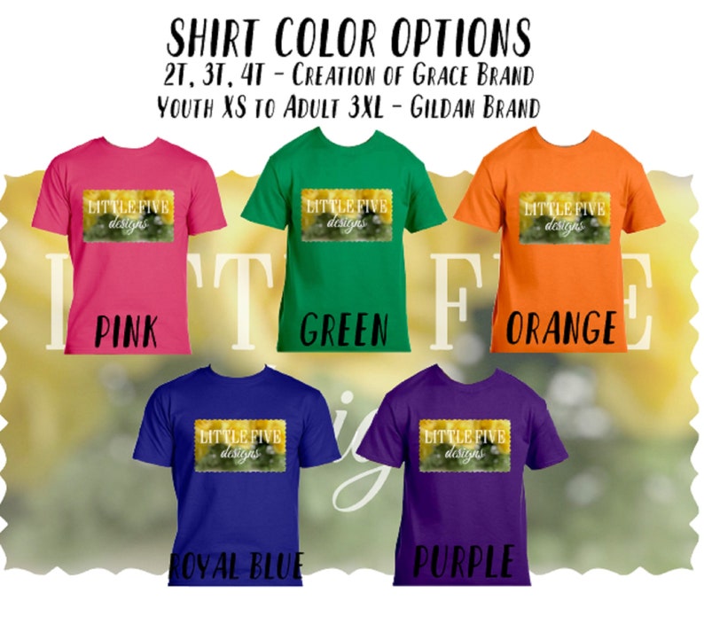 May include: Five t-shirts in different colors: pink, green, orange, royal blue, and purple. Each shirt has the text "Little Five Designs" printed on the front.