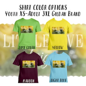 May include: Four t-shirts in different colors: lime green, yellow, maroon, and light blue. Each shirt has the text "LITTLE FIVE designs" printed on the front.