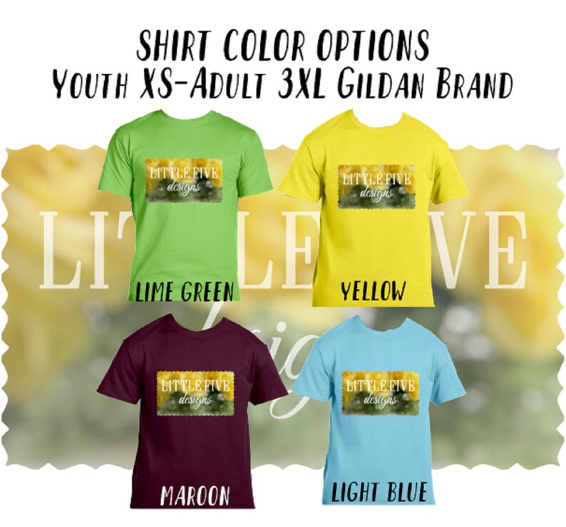 May include: Four t-shirts in different colors: lime green, yellow, maroon, and light blue. Each shirt has the text "LITTLE FIVE designs" printed on the front.