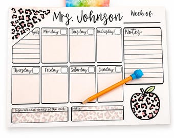 Weekly Tear Away Planner, Personalized Cheetah Notepad, Teacher Appreciation Gift Custom Teacher Gift, Teacher Planner Pad