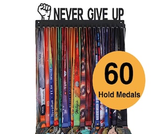 Never Give Up Medal Holder Display Hanger Rack Frame For Sport Sturdy Black Steel Metal Over 60 Medals Easy to Install(1Pcs)