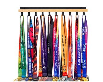 Medal Hanger Display Trophy Shelf - Sports Medal Display Rack with Wooden - Sturdy Black Steel Metal Over 60 Medals Easy to Install