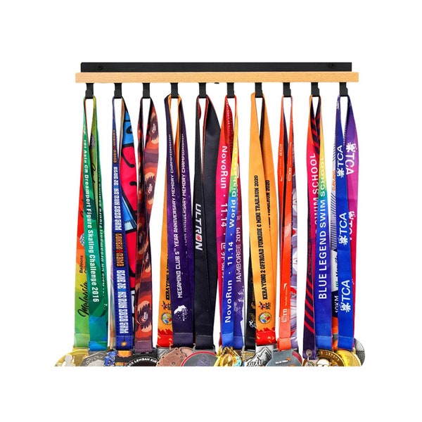 Medal Hanger Display Trophy Shelf - Sports Medal Display Rack with Wooden - Sturdy Black Steel Metal Over 60 Medals Easy to Install