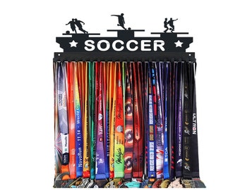 New Soccer Theme Medal Holder Display Hanger Rack Frame For Sport Sturdy Black Steel Metal Over 60 Medals Easy to Install(1Pcs)