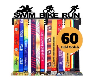 Swim Bike Run Medal Display Rack, Unique Gift for Swimmers and Bikers Sturdy Black Steel Metal Over 60 Medals Easy to Install