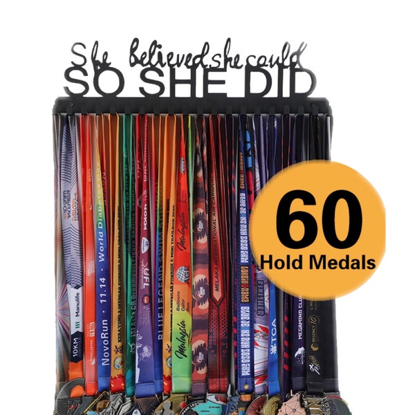 Medal Holder Display Hanger Rack Frame For Sport Race Runner-She Believed She Could -Sturdy Black Steel Over 60 Easy to Install(1Pcs)