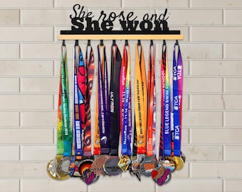 She Rose She Won Medal Hanger, Wooden Shelf, Athlete Gift