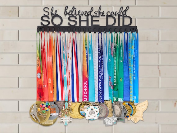 Personalized Medal Hanger: Black Stainless Steel 'She Believed' Award Display