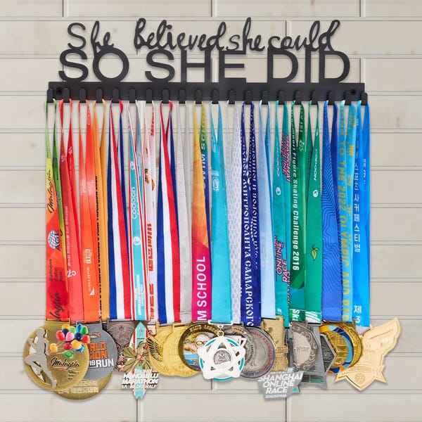 Personalized Medal Hanger: Black Stainless Steel 'She Believed' Award Display