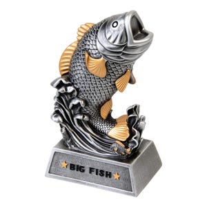 May include: A silver and gold-colored trophy featuring a leaping fish. The fish has an open mouth and is set against a wave design. The base of the trophy reads "BIG FISH" in black text with star accents, perfect for fishing enthusiasts.