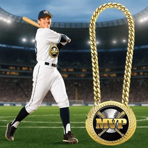 May include: Gold MVP baseball pendant necklace with a thick chain. The pendant features crossed bats and the word "MVP" in gold. A baseball player in a uniform is in the background.