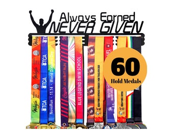 Always Earned Never Given Medal Holder Display Hanger Rack Frame For Sport Race Runner Sturdy Over 60 Medals Easy to Install