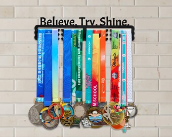 Medal Hanger Believe Try Shine | Flat Hook Medal Display for Wall