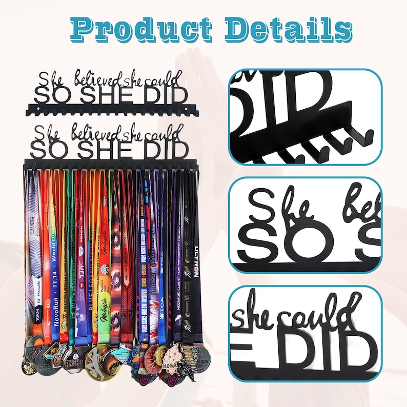 Perchero personalizado para medallas: Expositor en acero inoxidable negro con inscripción « She Believed » imagen 4
