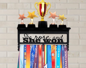 Metal Medal Hanger with Trophy Shelf She Rose and She Won for Display