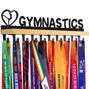 Medal Hanger Display Trophy Shelf -Gymnastics Sports Rack with Wooden - Sturdy Black Steel Metal Over 60 Medals Easy to Install