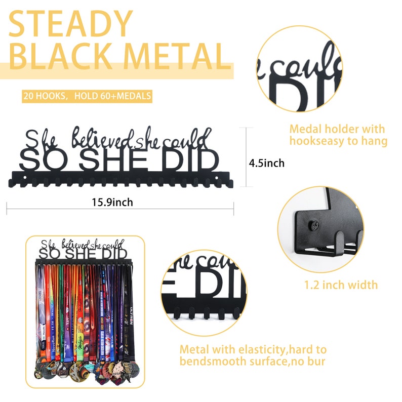 Puede incluir: Portamedallas de metal negro con 20 ganchos, con capacidad para 60 medallas. El portamedallas tiene el texto "She believed she could so she did". El portamedallas mide 40,4 cm de ancho y 11,4 cm de alto.
