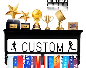 Custom Name Medal Display Wall Art with Trophy Shelf - Laser-Cut & 60 Medals Capacity | Rustproof Stainless Steel + Multi-Sport Motifs