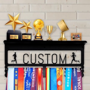 Custom Name Medal Display with Trophy Shelf: Laser-Cut Stainless Steel