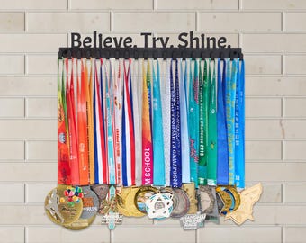 Medal Hanger Believe Try Shine | Wall Mounted Medal Display with Classic Hooks