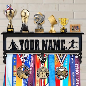Personalized Medal Hanger & Trophy Shelf: Laser-Cut Name, Sports Display