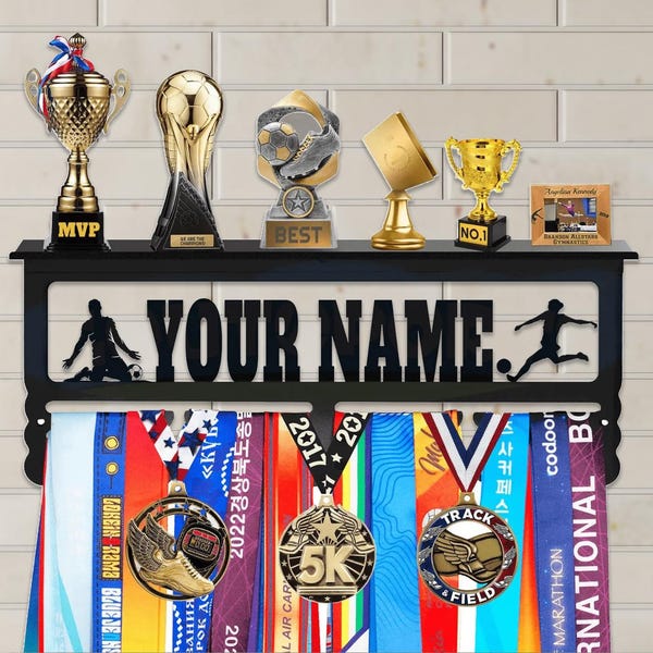 Personalized Medal Hanger & Trophy Shelf: Laser-Cut Name, Sports Display
