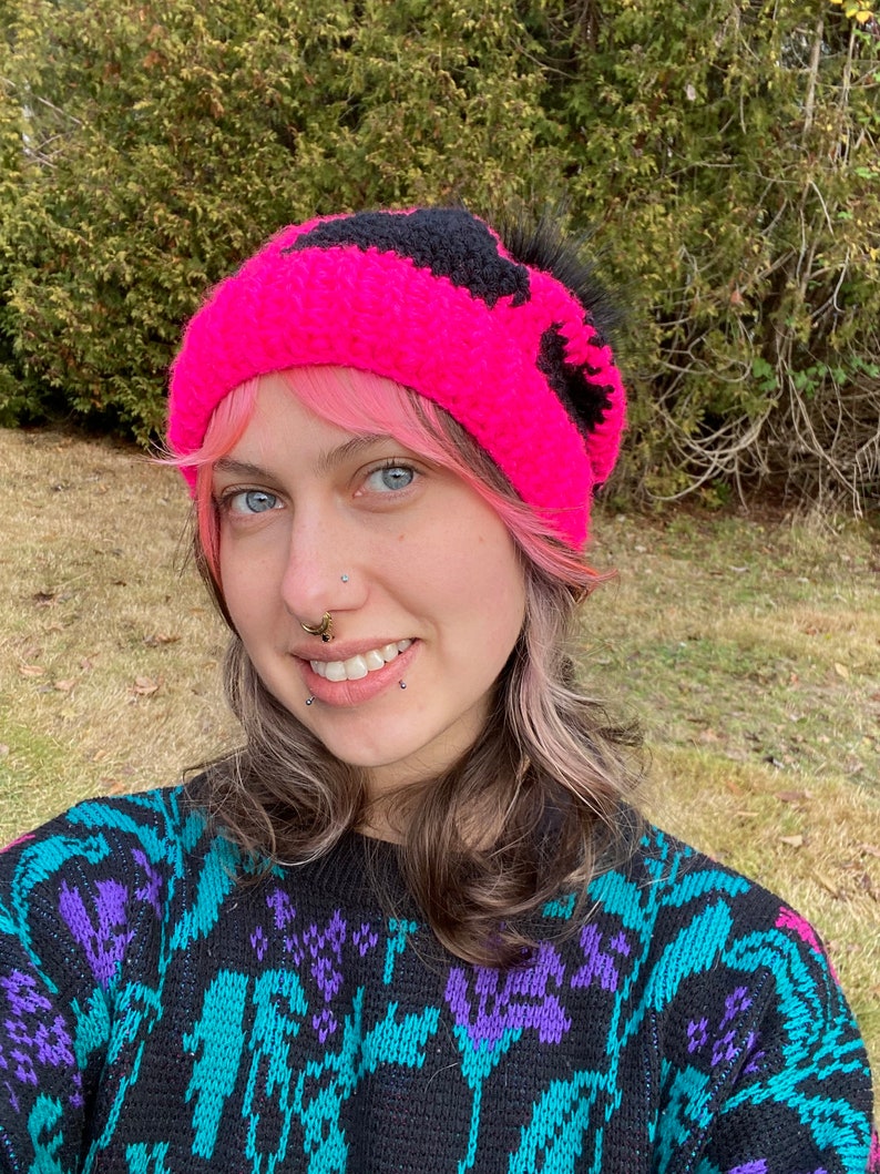 Hot pink cow print crochet beanie with black pom pom etsy