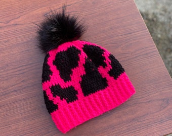 Hot Pink Cow Print Crochet Beanie with Black Pom pom