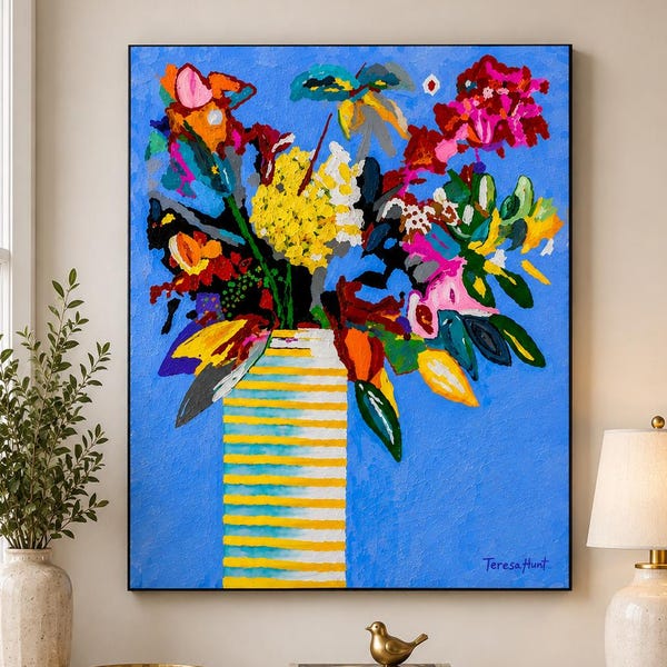 Colorful Floral Vase Art Print – Abstract Flower Bouquet Canvas Wall Decor
