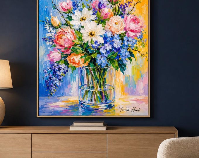 Sunlit Garden Symphony Colorful Floral Wall Art, Pink and Blue Bouquet Print by Teresa Hunt