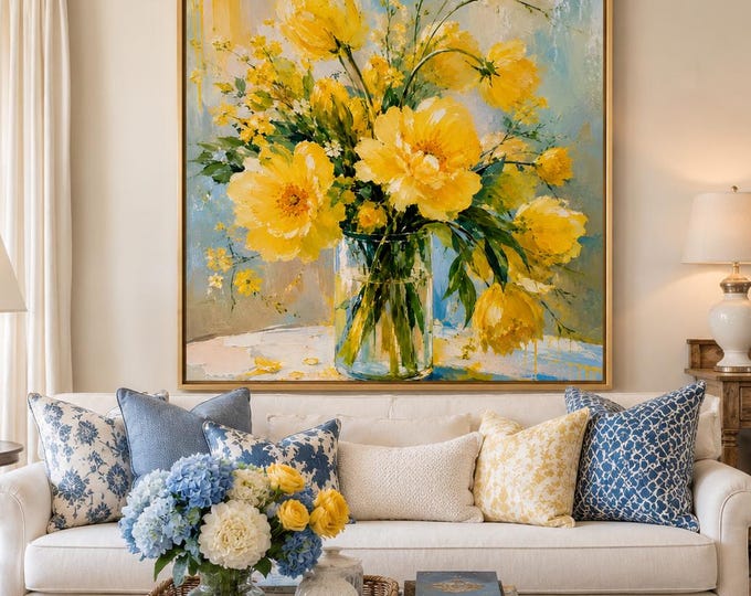 Golden Daybreak Yellow Floral Wall Art, Impressionist Flower Print, Blue and Gold Botanical Canvas, Cheerful Home Decor, Teresa Hunt Art
